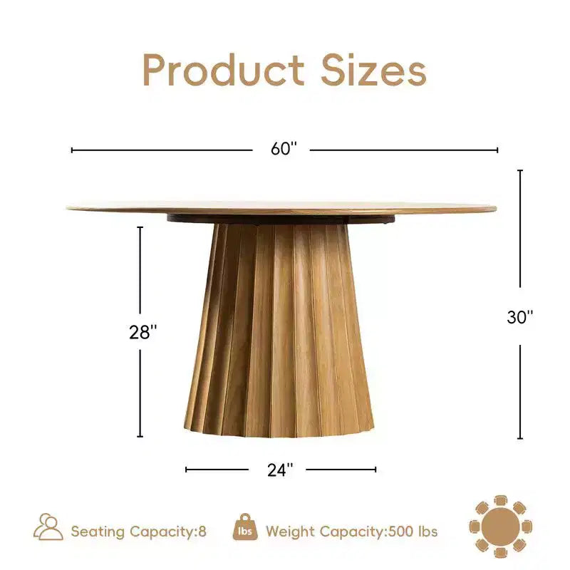 PexFix 60 Set Tavolo da Pranzo Rotondo Moderno con 8 Sedie Imbottite Piano in Legno Naturale Testurizzato Base a Piedistallo Pieghettata Sedute Beige per Cucina Sala da Pranzo