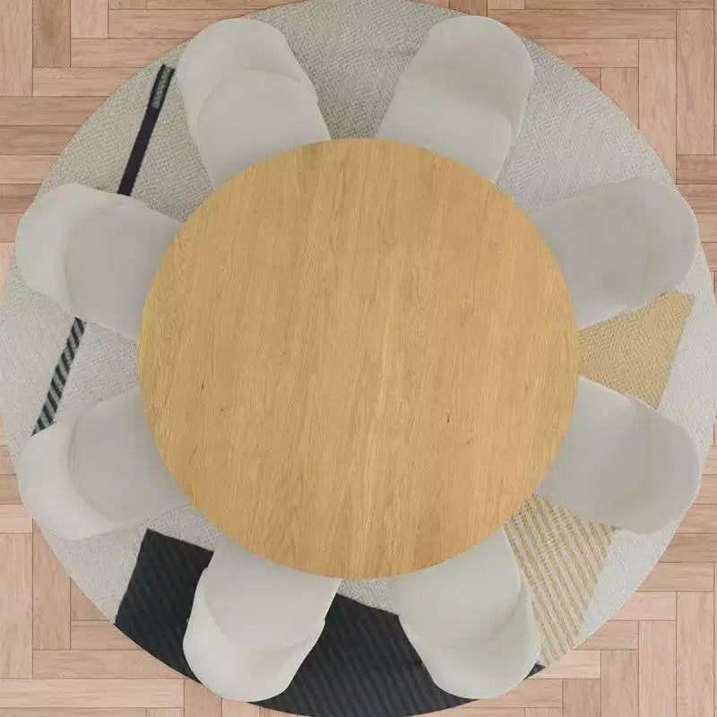 PexFix 60 Set Tavolo da Pranzo Rotondo Moderno con 8 Sedie Imbottite Piano in Legno Naturale Testurizzato Base a Piedistallo Pieghettata Sedute Beige per Cucina Sala da Pranzo