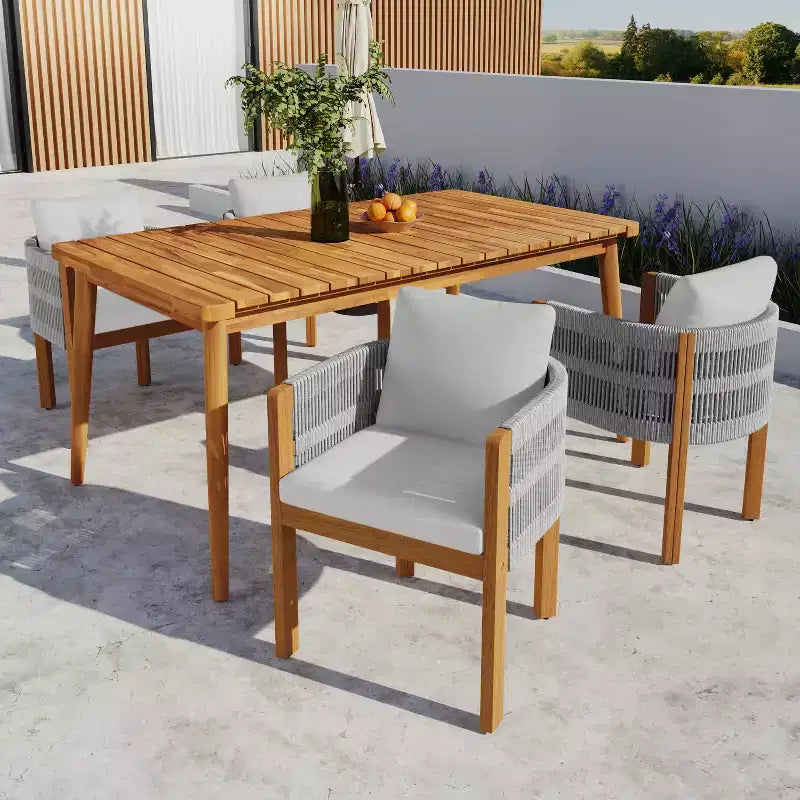Christopher Knight Home Corin Elara Set da pranzo da 5 pezzi in legno di acacia con corda intrecciata, tavolo a doghe e cuscini