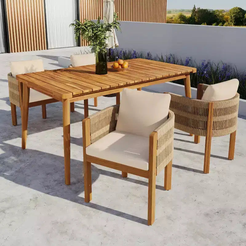 Christopher Knight Home Corin Elara Set da pranzo da 5 pezzi in legno di acacia con corda intrecciata, tavolo a doghe e cuscini