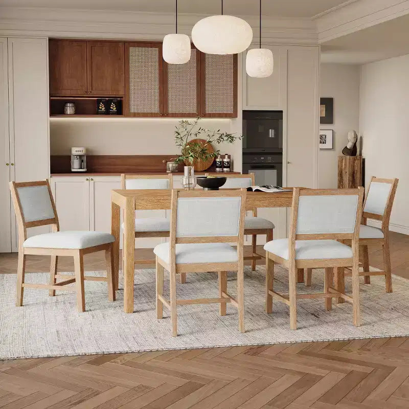 Set da pranzo retrò da 7 pezzi con tavolo rettangolare e 6 sedie imbottite