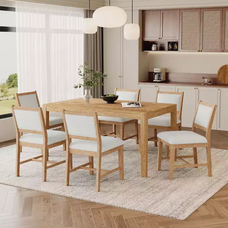 7-teiliges Retro-Esszimmer-Set mit rechteckigem Tisch und 6 gepolsterten Stühlen