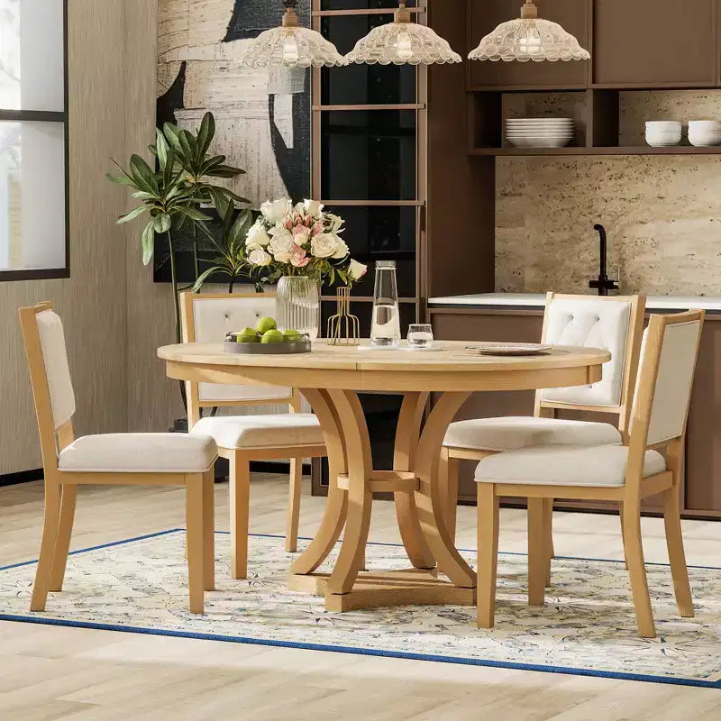 Set da pranzo retrò da 5 pezzi con tavolo rotondo allungabile e 4 sedie imbottite