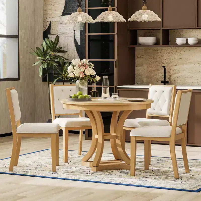 Set da pranzo retrò da 5 pezzi con tavolo rotondo allungabile e 4 sedie imbottite