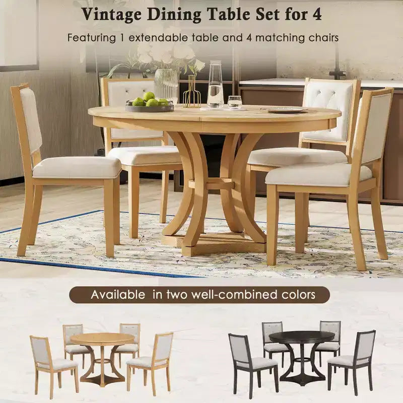 Set da pranzo retrò da 5 pezzi con tavolo rotondo allungabile e 4 sedie imbottite