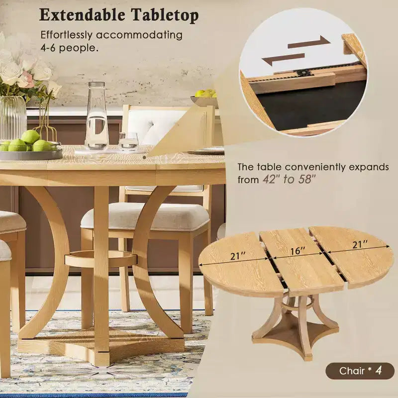 Set da pranzo retrò da 5 pezzi con tavolo rotondo allungabile e 4 sedie imbottite