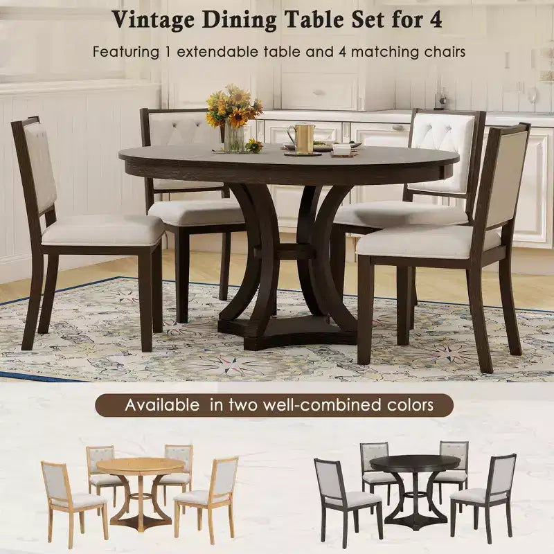 Set da pranzo retrò da 5 pezzi con tavolo rotondo allungabile e 4 sedie imbottite