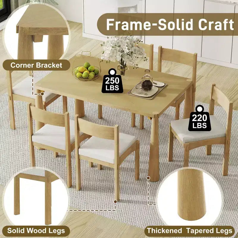 GDFStudio Josh Set da Pranzo da 7 Pezzi con Tavolo in Legno Massello e Sedie Imbottite Senza Braccioli