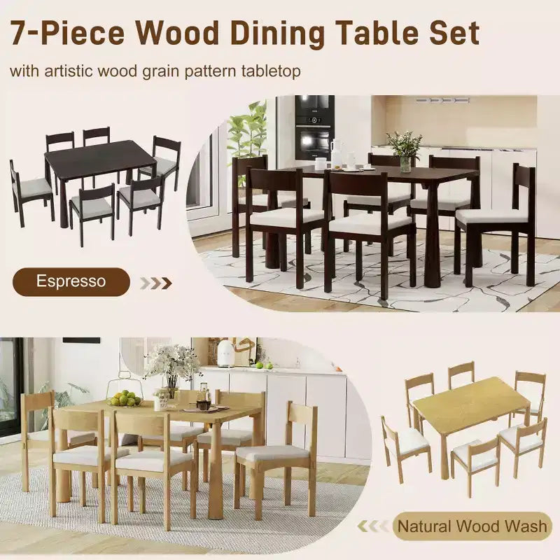 GDFStudio Josh Set da Pranzo da 7 Pezzi con Tavolo in Legno Massello e Sedie Imbottite Senza Braccioli