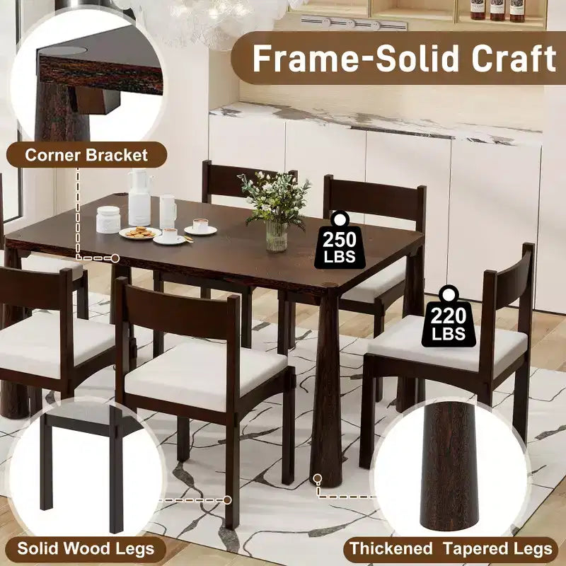 GDFStudio Josh Set da Pranzo da 7 Pezzi con Tavolo in Legno Massello e Sedie Imbottite Senza Braccioli