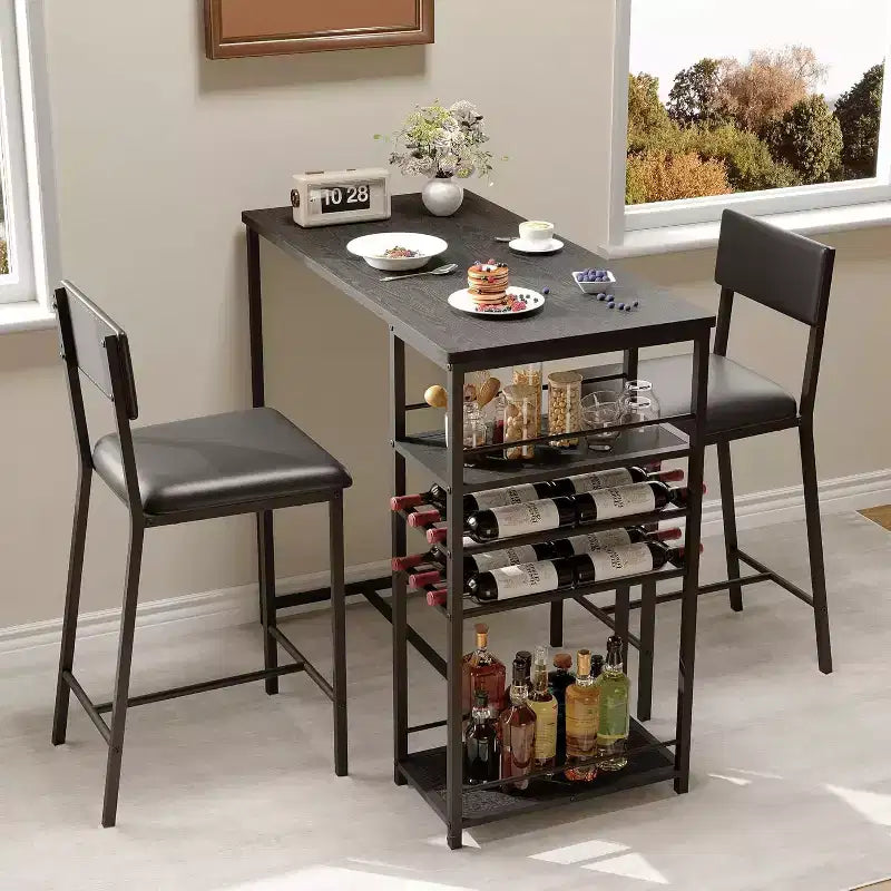 Tavolo da pranzo Fulvari per 2 con ripiani aperti, portabicchieri e portabottiglie, tavolo e sedie da bar per appartamenti, angoli cucina, piccoli spazi