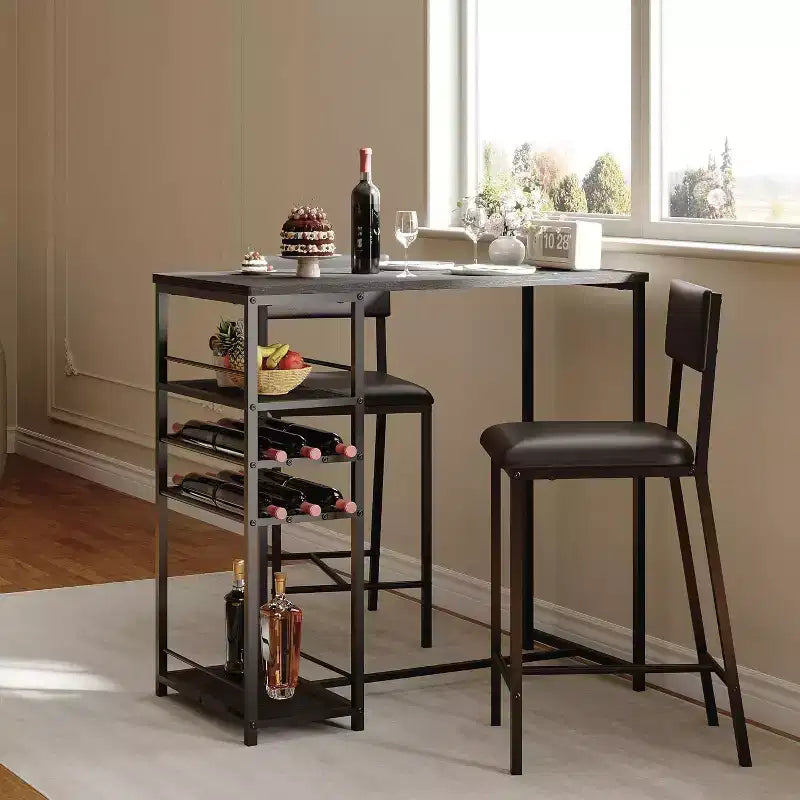 Tavolo da pranzo Fulvari per 2 con ripiani aperti, portabicchieri e portabottiglie, tavolo e sedie da bar per appartamenti, angoli cucina, piccoli spazi