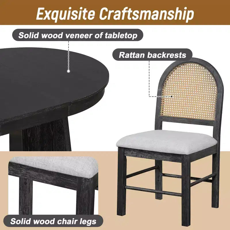 GDFStudio Harper set da pranzo da 5 pezzi con tavolo allungabile e sedie imbottite con schienale in rattan