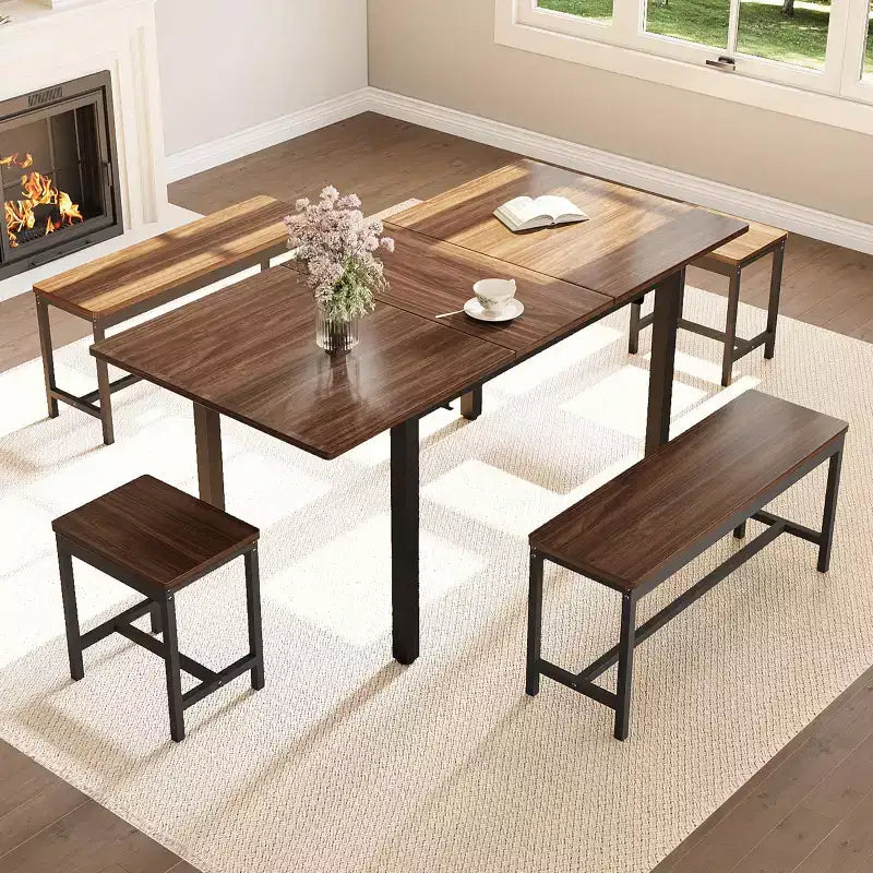 TROPOW Set da Pranzo Allungabile per 6-8 Persone, Tavolo in Legno Stile Rustico con 2 Panche e 2 Sgabelli