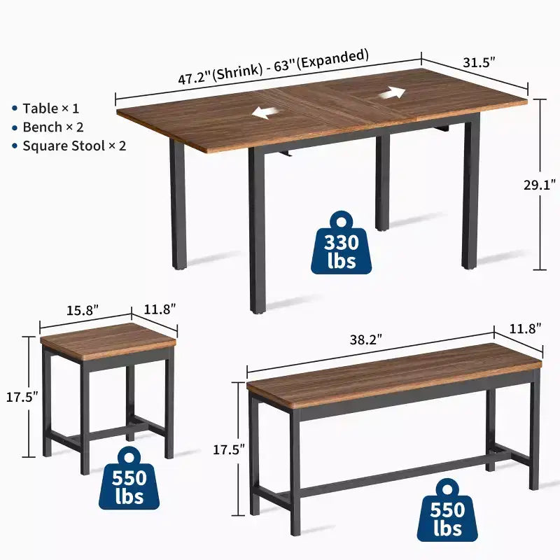 TROPOW Set da Pranzo Allungabile per 6-8 Persone, Tavolo in Legno Stile Rustico con 2 Panche e 2 Sgabelli