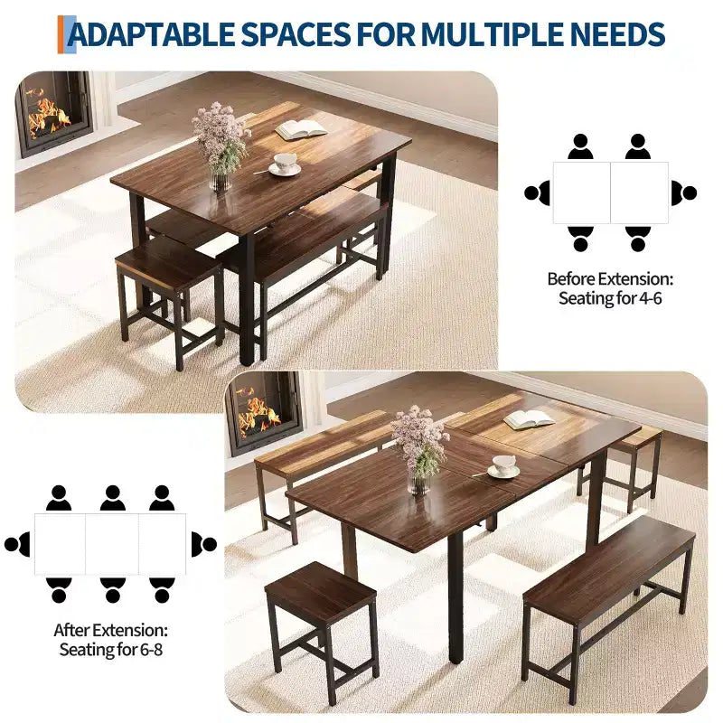 TROPOW Set da Pranzo Allungabile per 6-8 Persone, Tavolo in Legno Stile Rustico con 2 Panche e 2 Sgabelli