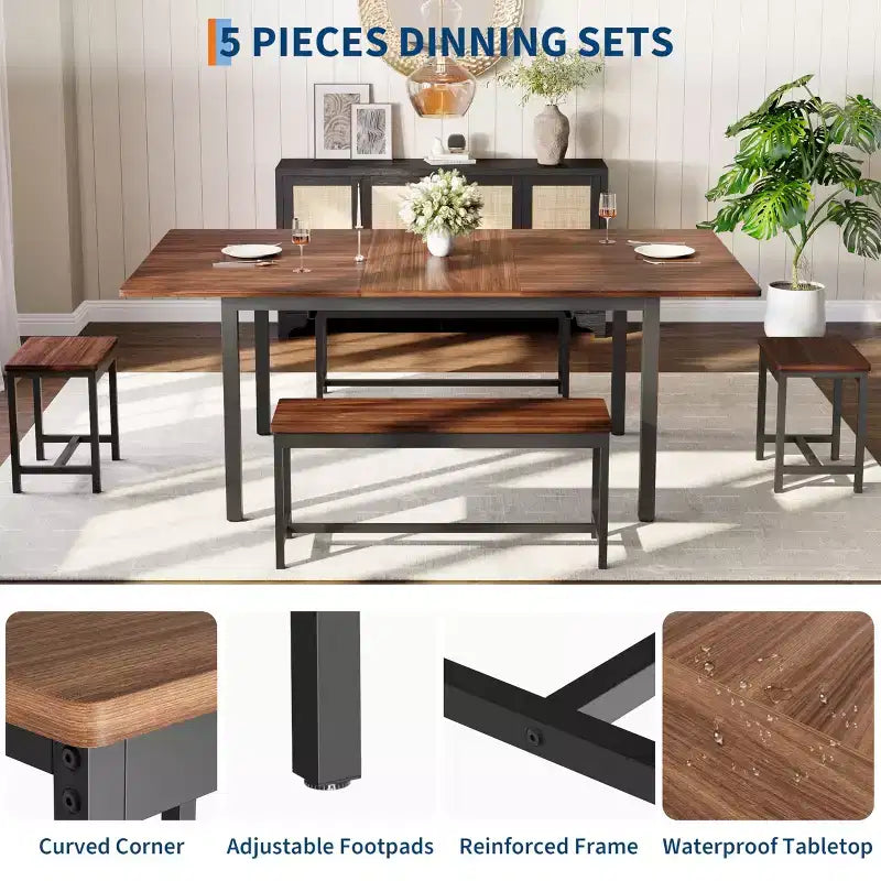 TROPOW Set da Pranzo Allungabile per 6-8 Persone, Tavolo in Legno Stile Rustico con 2 Panche e 2 Sgabelli