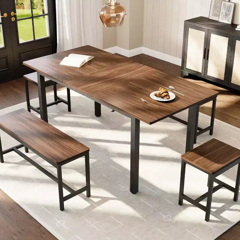 TROPOW Set da Pranzo Allungabile per 6-8 Persone, Tavolo in Legno Stile Rustico con 2 Panche e 2 Sgabelli