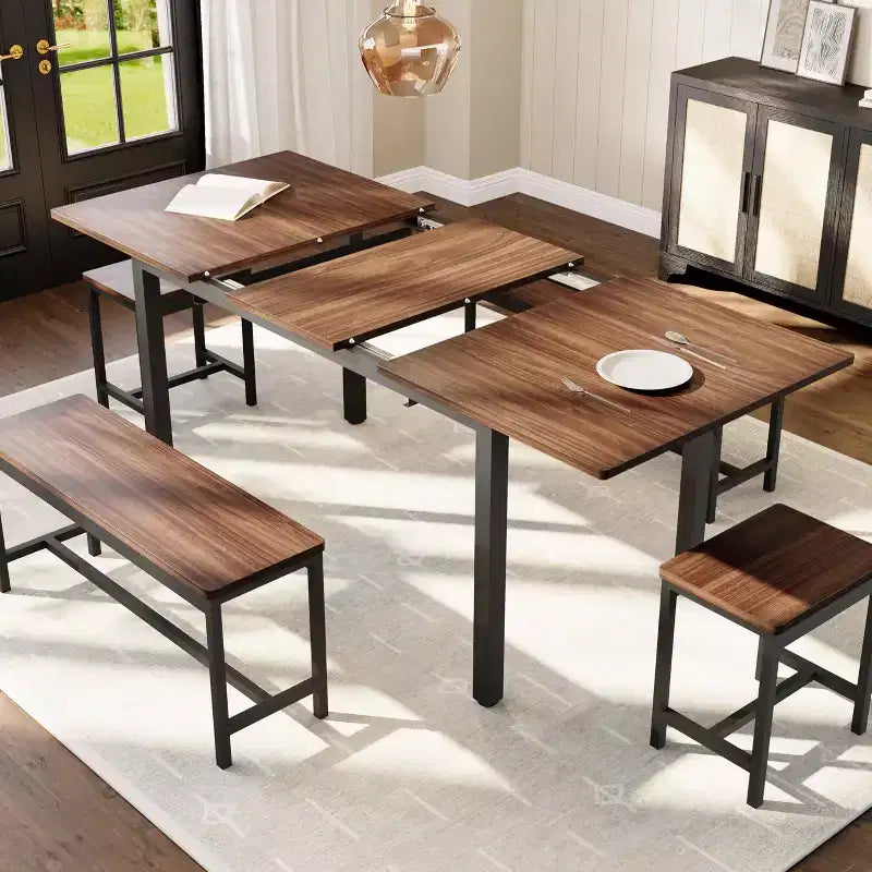 TROPOW Set da Pranzo Allungabile per 6-8 Persone, Tavolo in Legno Stile Rustico con 2 Panche e 2 Sgabelli