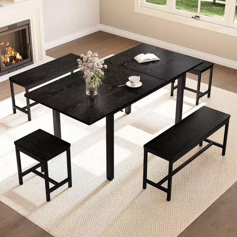 TROPOW Set da Pranzo Allungabile per 6-8 Persone, Tavolo in Legno Stile Rustico con 2 Panche e 2 Sgabelli