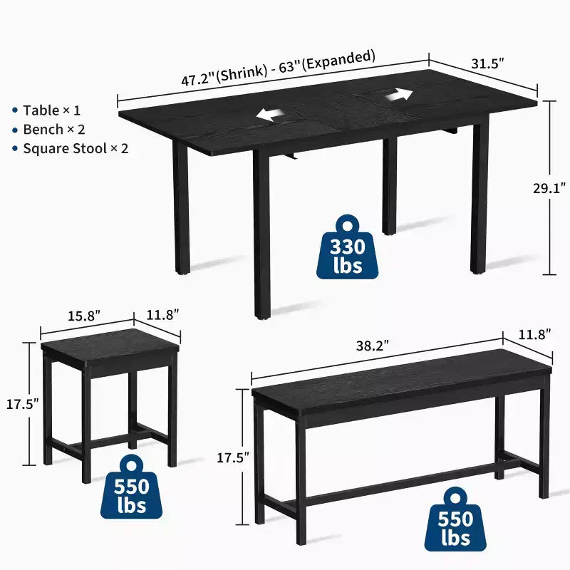 TROPOW Set da Pranzo Allungabile per 6-8 Persone, Tavolo in Legno Stile Rustico con 2 Panche e 2 Sgabelli