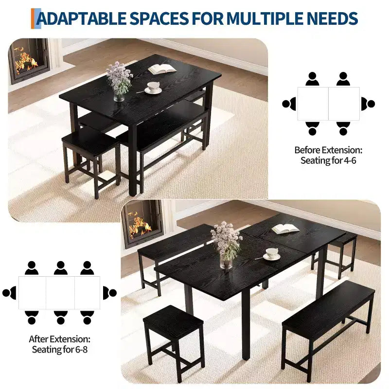 TROPOW Set da Pranzo Allungabile per 6-8 Persone, Tavolo in Legno Stile Rustico con 2 Panche e 2 Sgabelli