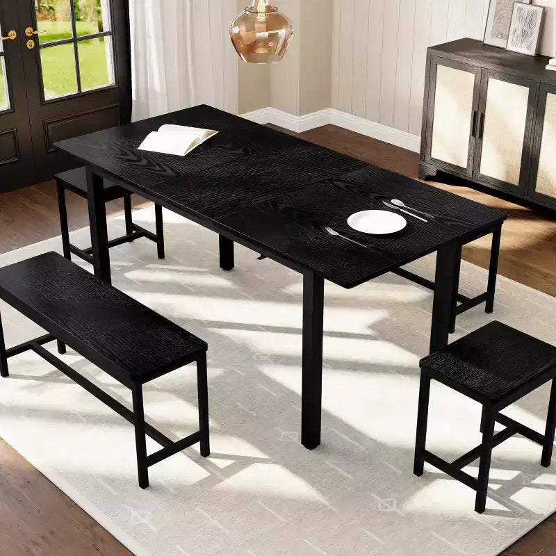 TROPOW Set da Pranzo Allungabile per 6-8 Persone, Tavolo in Legno Stile Rustico con 2 Panche e 2 Sgabelli