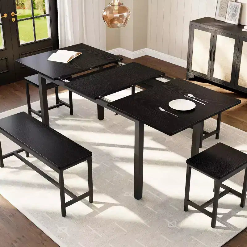 TROPOW Set da Pranzo Allungabile per 6-8 Persone, Tavolo in Legno Stile Rustico con 2 Panche e 2 Sgabelli