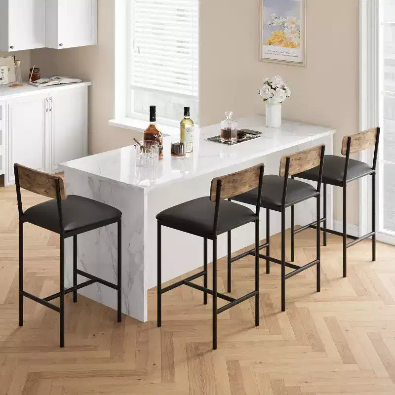 Bar Stools Set of 6, Kitchen Bar Stools with Footrest, Upholstered Bar Chairs with Back, Counter Height Barstools for Counter Bar, Easy Assembly