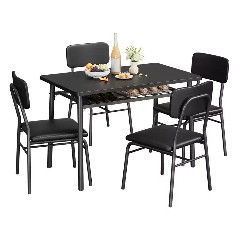 Set da Pranzo di 5 Pezzi per 4 Persone, Tavolo da Cucina in Legno con Scaffale Integrato, Tavolo Piccolo da Cucina con Sedie Imbottite e Telaio in Metallo per Piccoli Spazi