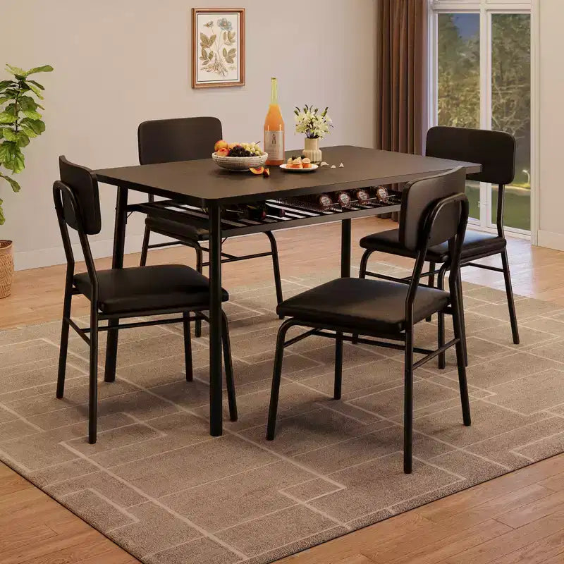 Set da Pranzo di 5 Pezzi per 4 Persone, Tavolo da Cucina in Legno con Scaffale Integrato, Tavolo Piccolo da Cucina con Sedie Imbottite e Telaio in Metallo per Piccoli Spazi
