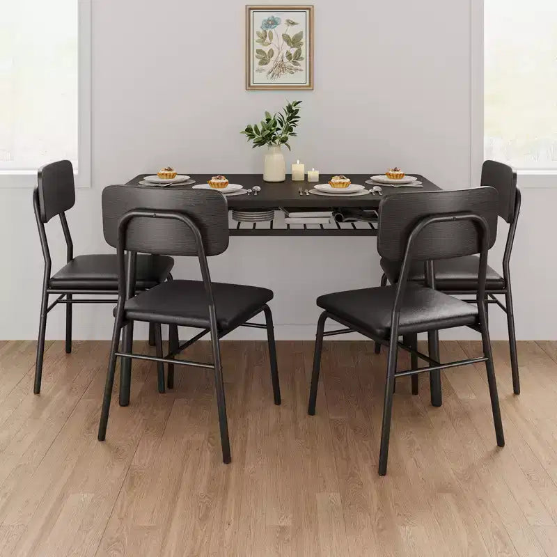 Set da Pranzo di 5 Pezzi per 4 Persone, Tavolo da Cucina in Legno con Scaffale Integrato, Tavolo Piccolo da Cucina con Sedie Imbottite e Telaio in Metallo per Piccoli Spazi