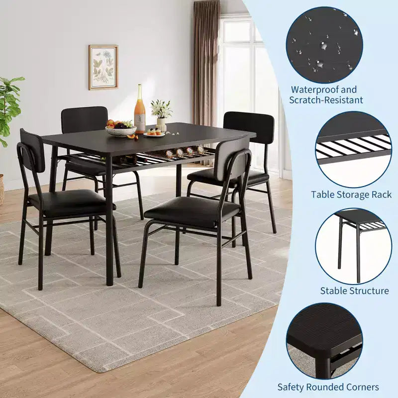 Set da Pranzo di 5 Pezzi per 4 Persone, Tavolo da Cucina in Legno con Scaffale Integrato, Tavolo Piccolo da Cucina con Sedie Imbottite e Telaio in Metallo per Piccoli Spazi