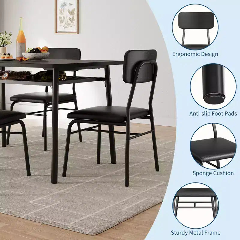 Set da Pranzo di 5 Pezzi per 4 Persone, Tavolo da Cucina in Legno con Scaffale Integrato, Tavolo Piccolo da Cucina con Sedie Imbottite e Telaio in Metallo per Piccoli Spazi