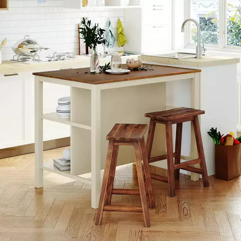 Whisen 45 Solid Wood Kitchen Island Set with 2 Seatings and 2 Shelves - Walnut Cream White