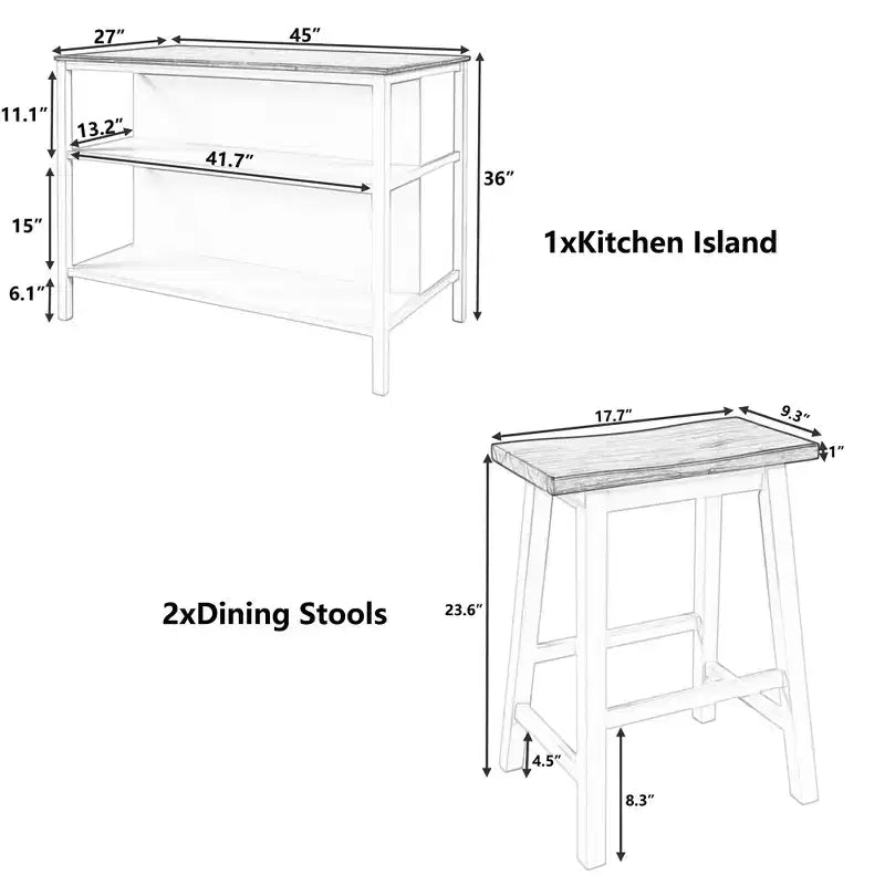 Set da isola da cucina in legno massello Whisen 45 con 2 posti a sedere e 2 ripiani - Noce Crema Bianco