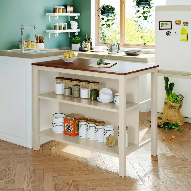 Set da isola da cucina in legno massello Whisen 45 con 2 posti a sedere e 2 ripiani - Noce Crema Bianco
