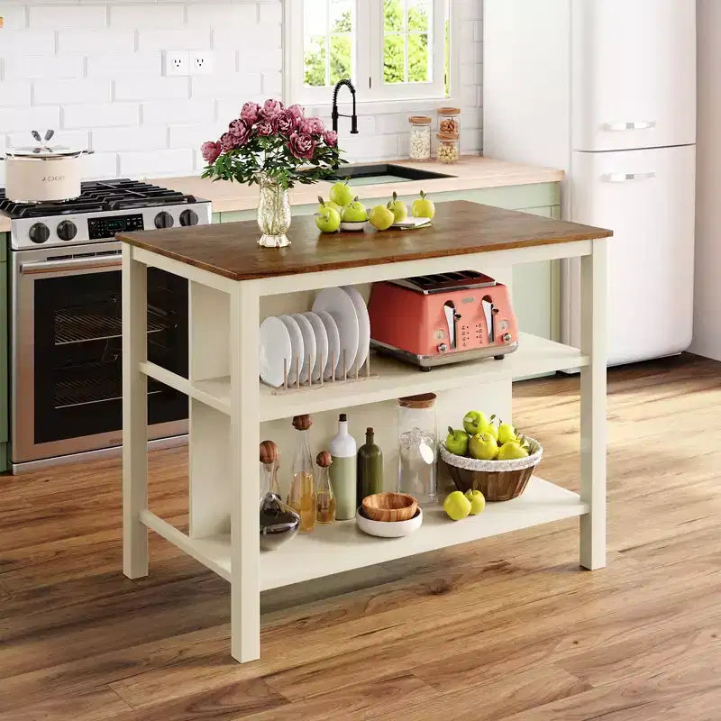 Set da isola da cucina in legno massello Whisen 45 con 2 posti a sedere e 2 ripiani - Noce Crema Bianco