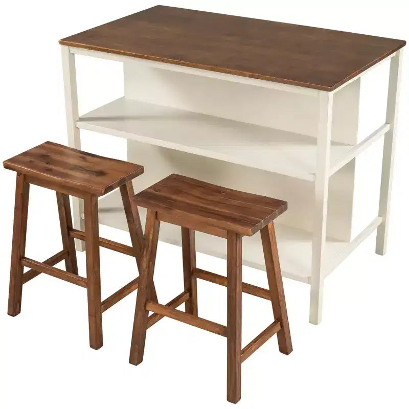 Set da isola da cucina in legno massello Whisen 45 con 2 posti a sedere e 2 ripiani - Noce Crema Bianco