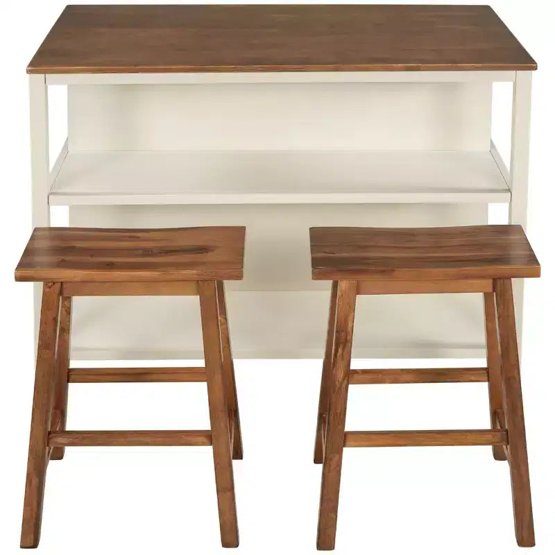 Set da isola da cucina in legno massello Whisen 45 con 2 posti a sedere e 2 ripiani - Noce Crema Bianco