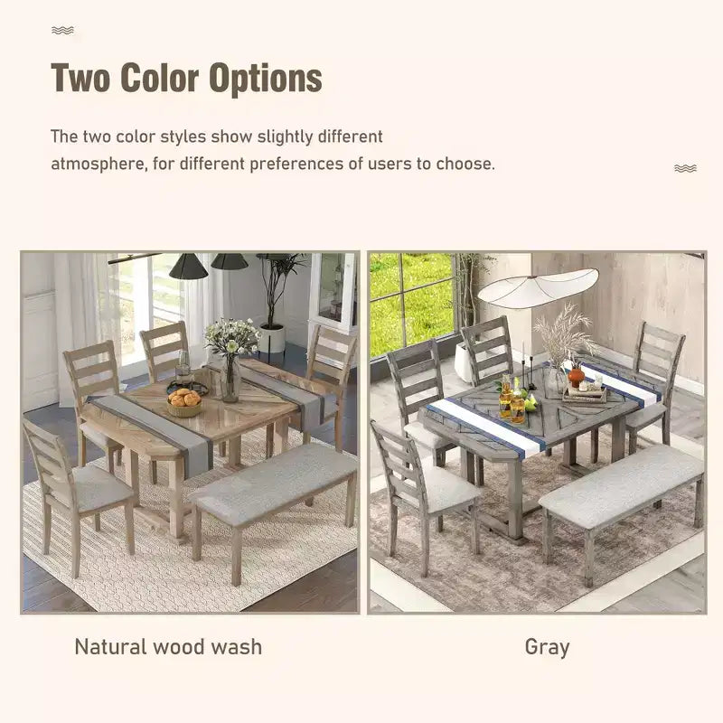 Set da pranzo GDFStudio Bennett 6 pezzi in legno di caucciù con piano del tavolo in legno artistico e sedie imbottite
