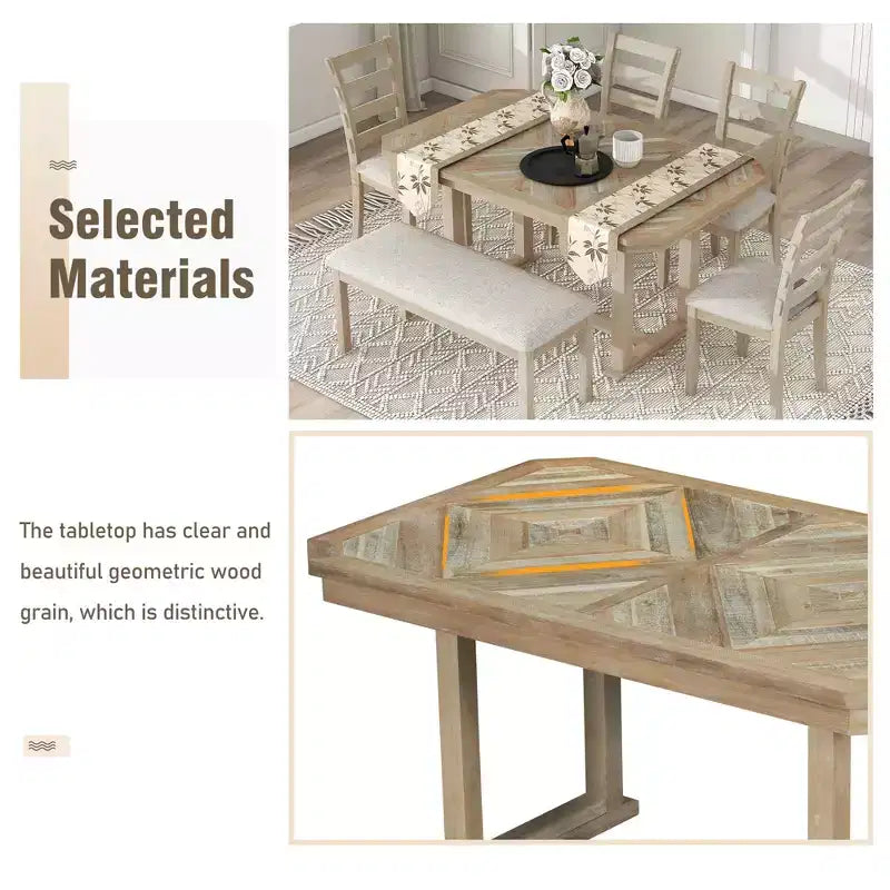 Set da pranzo GDFStudio Bennett 6 pezzi in legno di caucciù con piano del tavolo in legno artistico e sedie imbottite