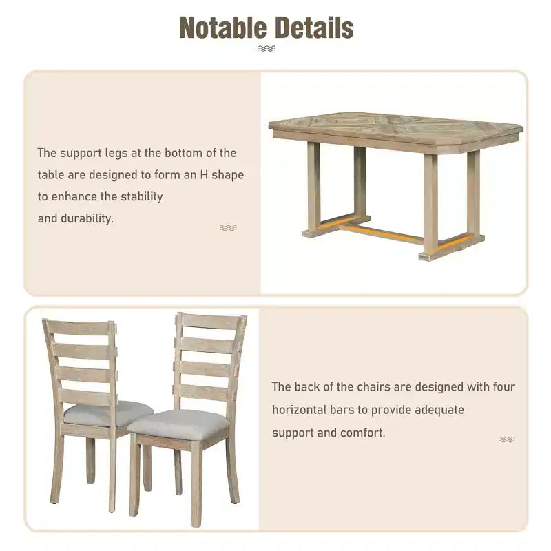Set da pranzo GDFStudio Bennett 6 pezzi in legno di caucciù con piano del tavolo in legno artistico e sedie imbottite