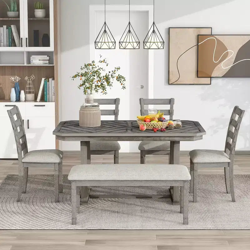 Set da pranzo GDFStudio Bennett 6 pezzi in legno di caucciù con piano del tavolo in legno artistico e sedie imbottite