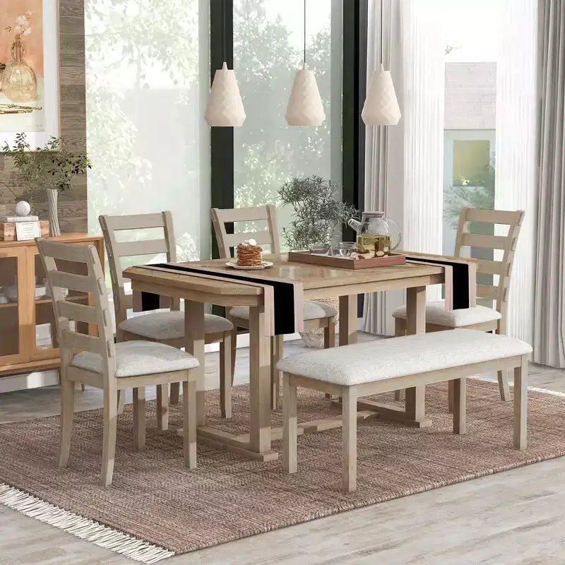 Set da pranzo GDFStudio Bennett 6 pezzi in legno di caucciù con piano del tavolo in legno artistico e sedie imbottite