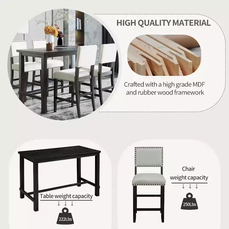 GDFStudio Mark Set da Pranzo a 5 Pezzi Altezza Bancone con Tavolo Elegante e Sedie Imbottite