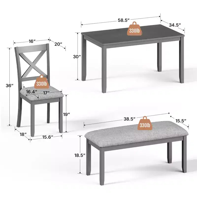 Zevemomo Set da Pranzo da 6 Pezzi in Legno, Include 1 Tavolo da Pranzo, 4 Sedie Imbottite e Tavolo da Pranzo con Gambe in Legno, 1 Panca, per Sala da Pranzo, Grigio