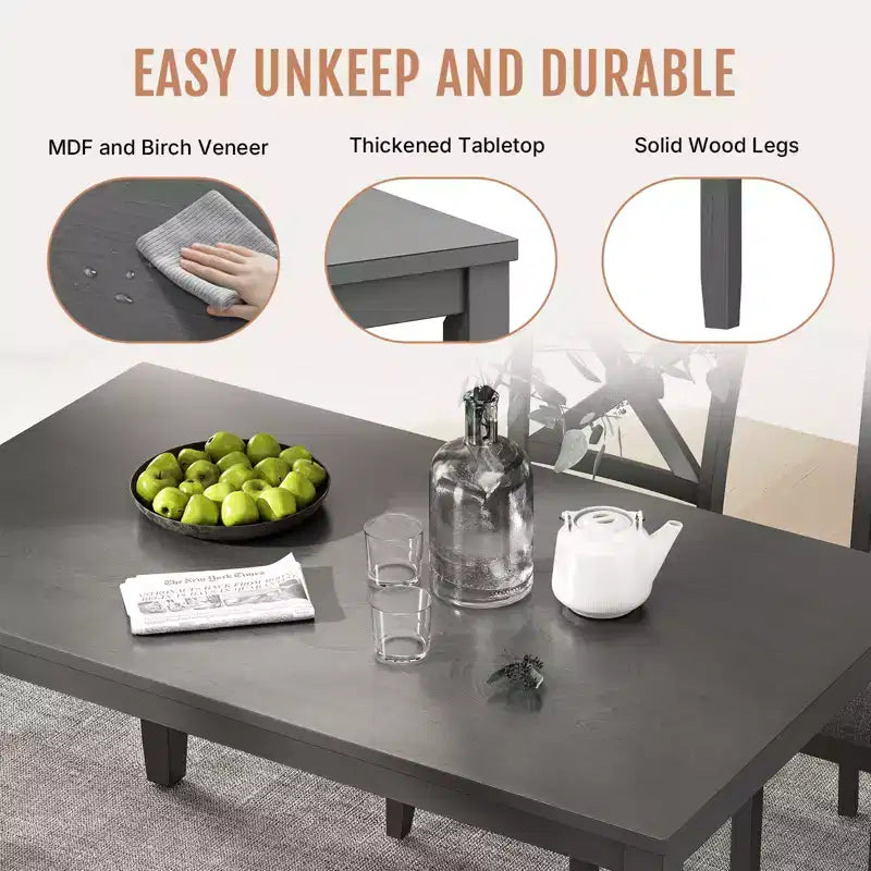 Zevemomo Set da Pranzo da 6 Pezzi in Legno, Include 1 Tavolo da Pranzo, 4 Sedie Imbottite e Tavolo da Pranzo con Gambe in Legno, 1 Panca, per Sala da Pranzo, Grigio