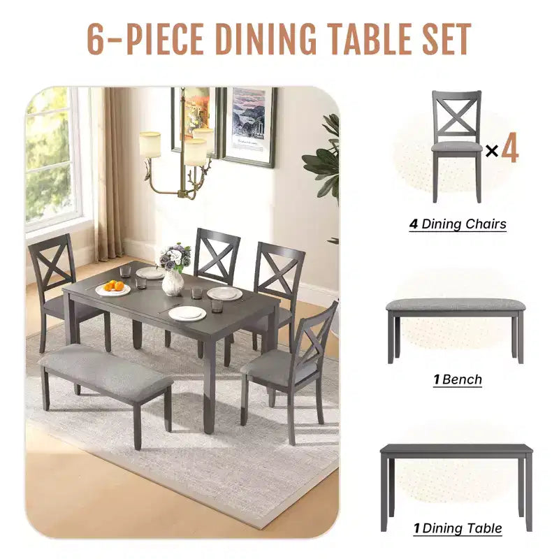 Zevemomo Set da Pranzo da 6 Pezzi in Legno, Include 1 Tavolo da Pranzo, 4 Sedie Imbottite e Tavolo da Pranzo con Gambe in Legno, 1 Panca, per Sala da Pranzo, Grigio