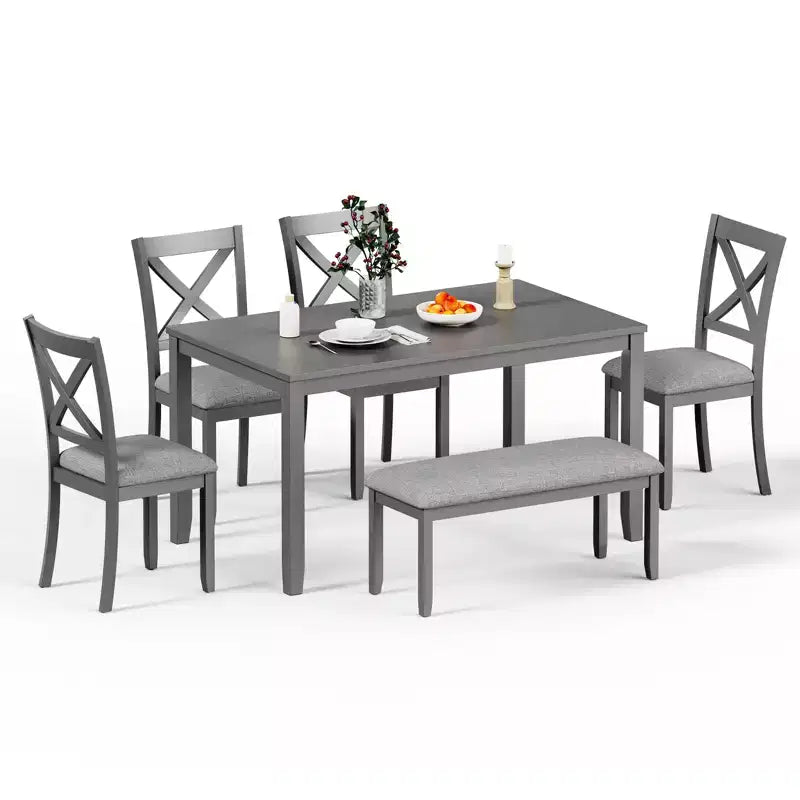 Zevemomo Set da Pranzo da 6 Pezzi in Legno, Include 1 Tavolo da Pranzo, 4 Sedie Imbottite e Tavolo da Pranzo con Gambe in Legno, 1 Panca, per Sala da Pranzo, Grigio